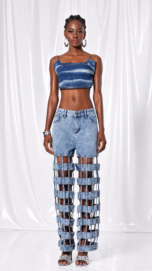 Denim Crop Top & Cutout Cage Jeans Set