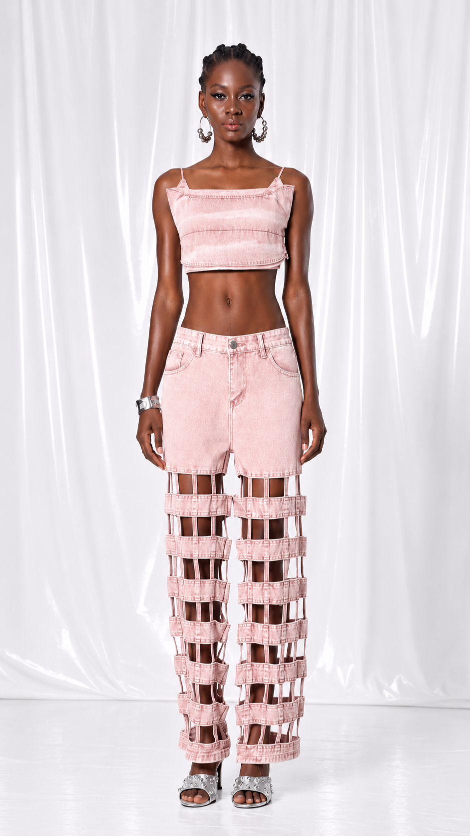 Denim Crop Top & Cutout Cage Jeans Set