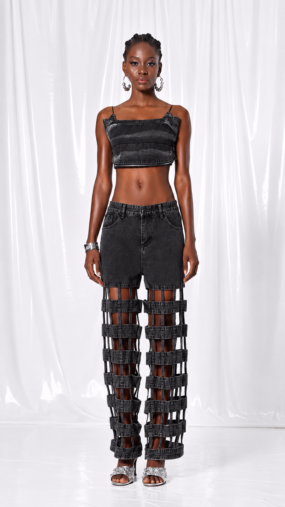 Denim Crop Top & Cutout Cage Jeans Set