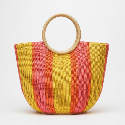 Round Striped Raffia Tote
