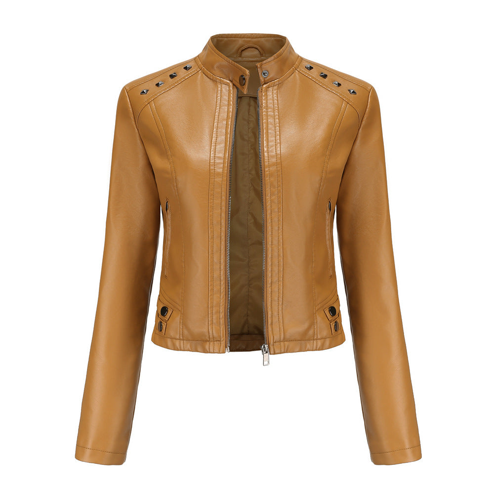 Cropped riveted leather motorcycle jacket