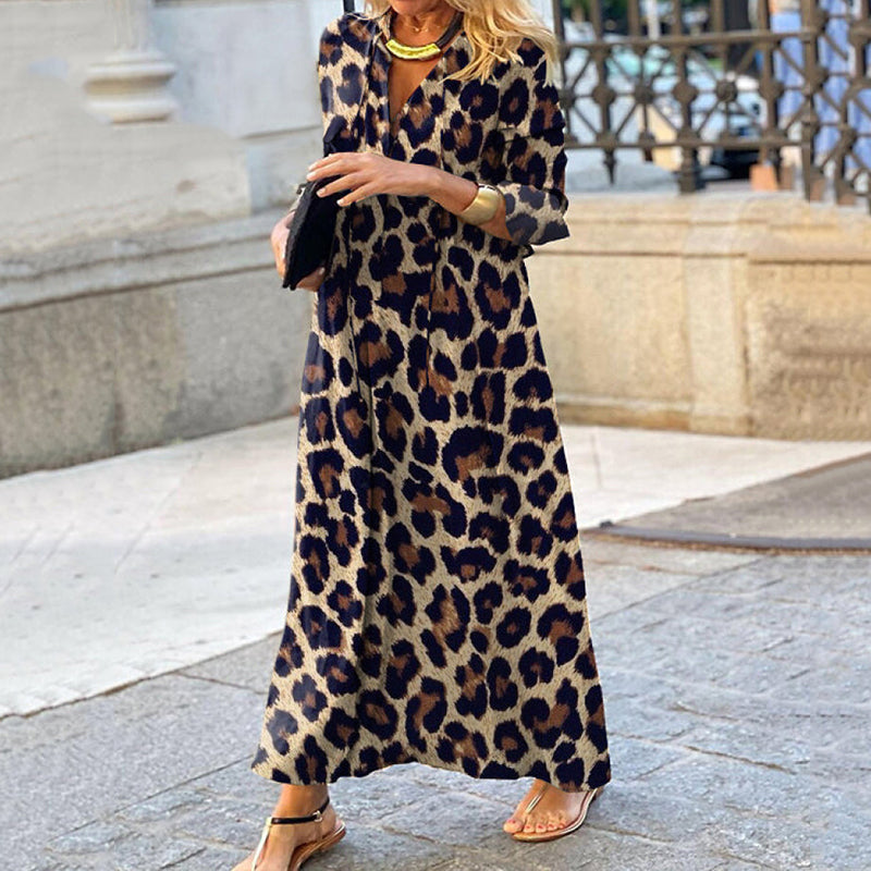 Leopard Print V-Neck Casual Maxi Dress