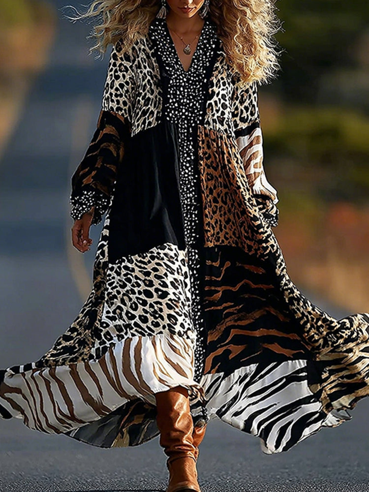Retro Leopard And Animal Patchwork Art Linen Blend Loose Maxi Dress