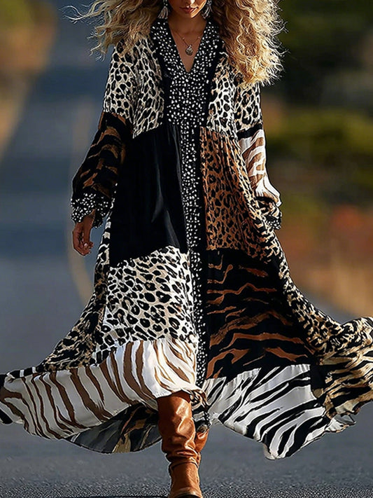 Retro Leopard And Animal Patchwork Art Linen Blend Loose Maxi Dress
