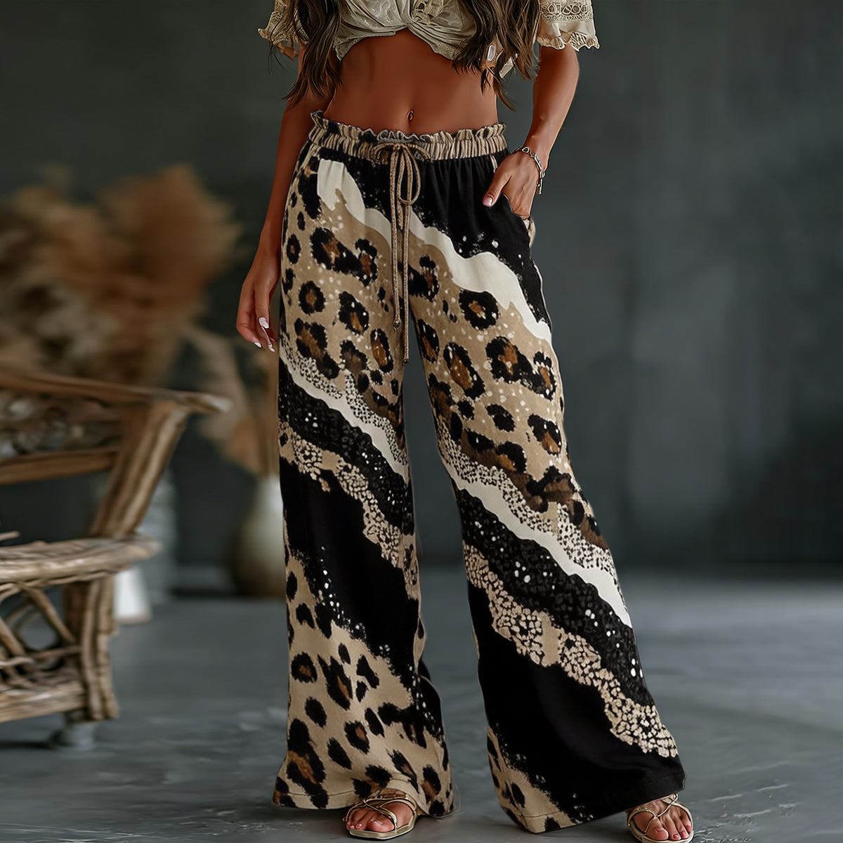 Women's  Leopard And Animal Patchwork Art Print Flowy Linen Blend Casual Pants