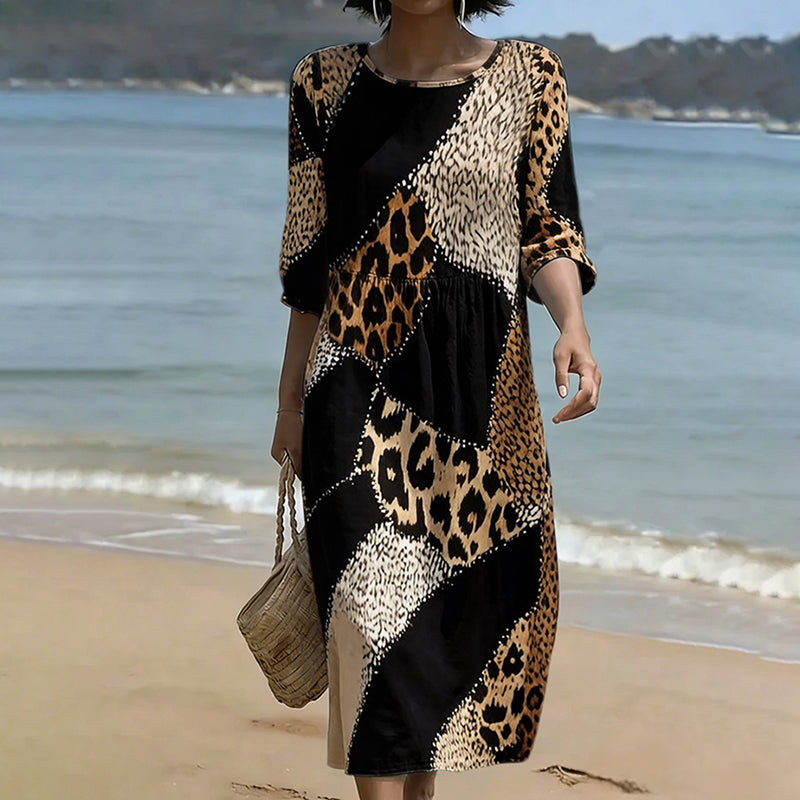 Vintage Leopard And Animal Patchwork Art Pattern Linen Blend Loose Three-quarter Sleeve Dress