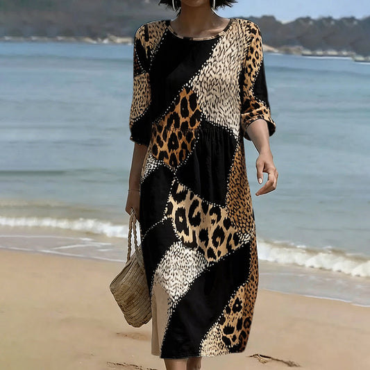Vintage Leopard And Animal Patchwork Art Pattern Linen Blend Loose Three-quarter Sleeve Dress