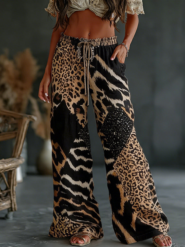 Women's  Leopard And Animal Patchwork Art Print Flowy Linen Blend Casual Pants
