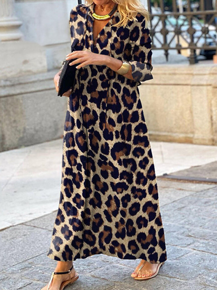 Leopard Print V-Neck Casual Maxi Dress