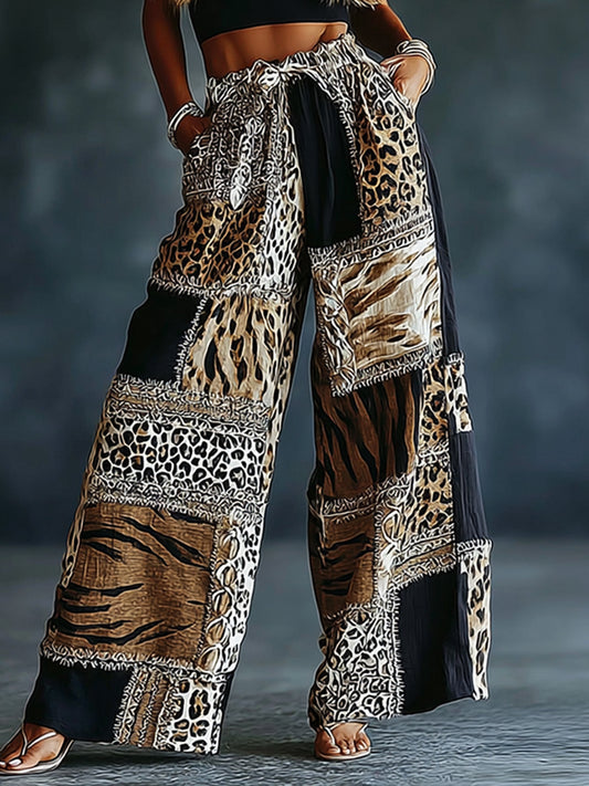 Women's Vintage Leopard And Animal Patchwork Art Print Flowy Linen Blend Casual Pants