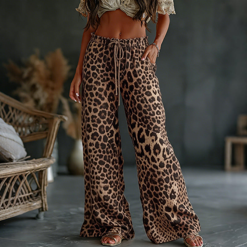 Women's Vintage Leopard Art Print Flowy Linen Blend Casual Pants