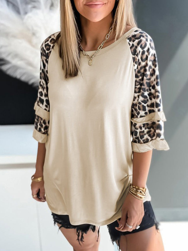 Casual Leopard Print Ruffle Short Sleeve T-Shirt