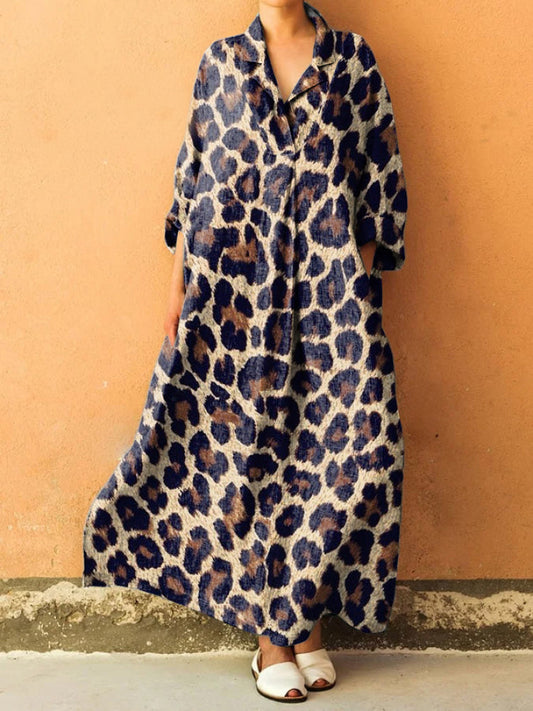 Leopard Print Lapel Loose Maxi Dress