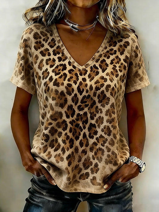 Vintage Leopard And Animal Patchwork Art Pattern Linen Blend Loose Short Sleeve Tops