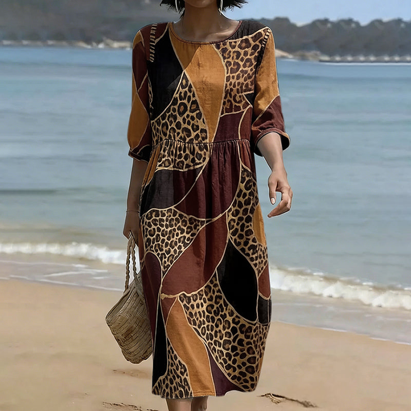 Retro Leopard And Animal Patchwork Art Linen Blend Loose Three-quarter Sleeve Dress