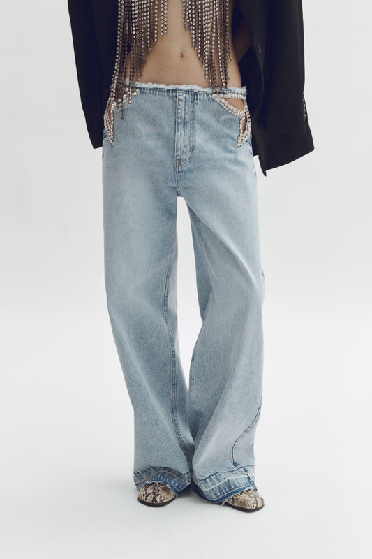 Rhinestone Cutout Wide Leg Jeans