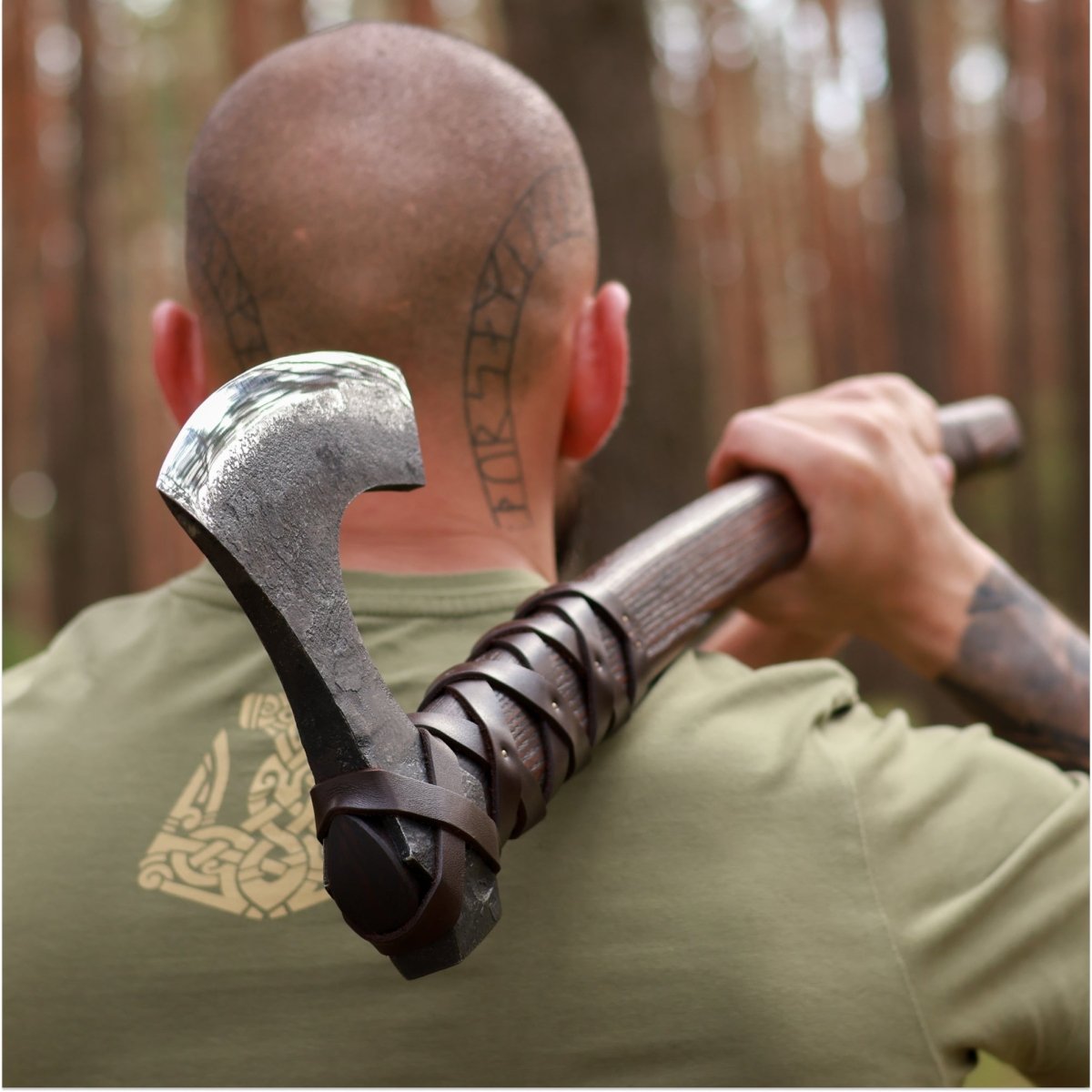 Viking long axe "Ragnvald" with carving handle and leather wrap